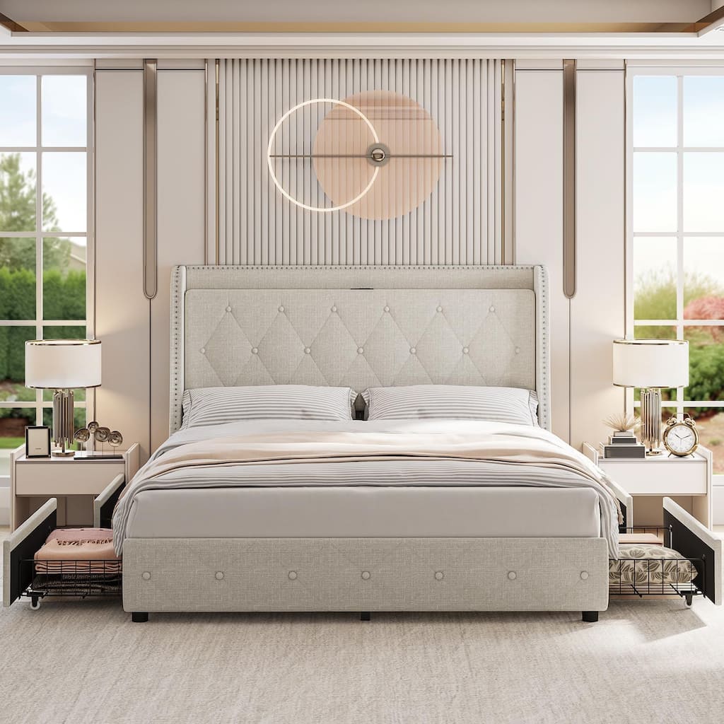 Upholstered Bed Frame, with Charging Station & Wingback, 4 Storage Drawers