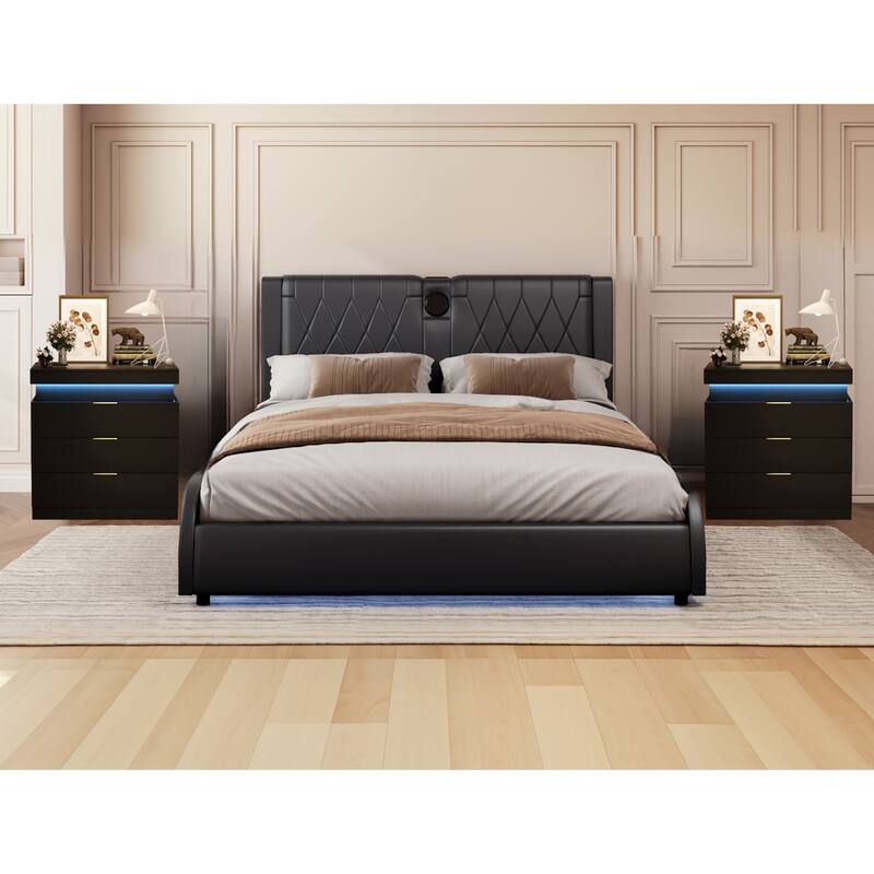 3-Pieces Bedroom Sets Platform Bed Frame with Bluetooth Speakers and RGB LED Light, Nightstands with Charging Station and LED