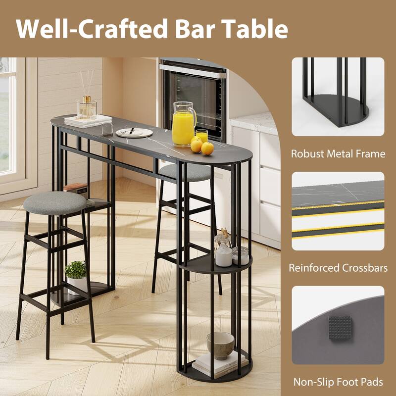 Gymax 60'' Long Bar Table Narrow Pub Table w/Faux Marble Tabletop &