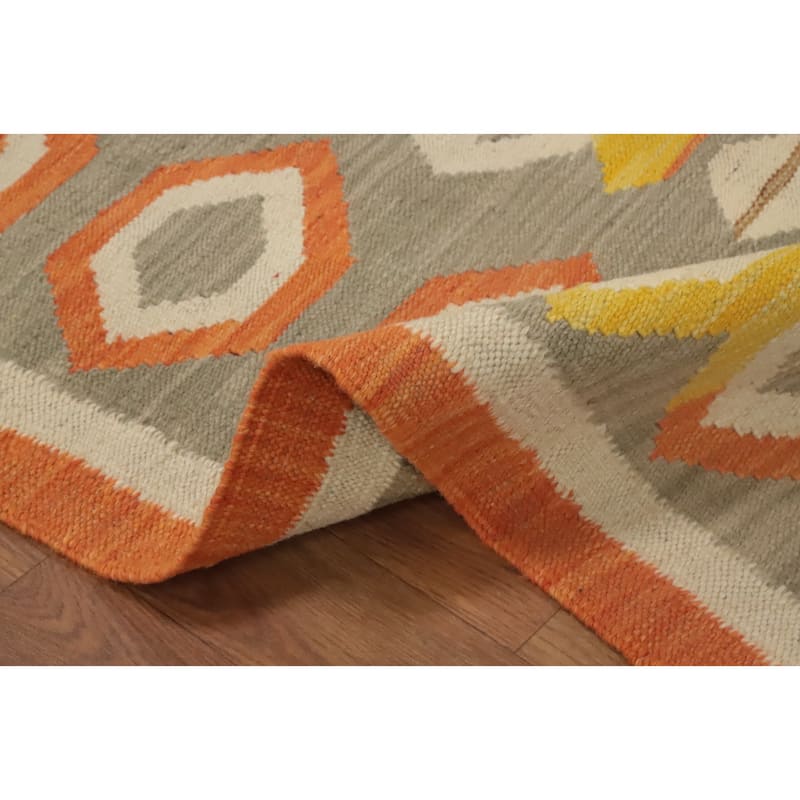 Hand Woven Oriental 100% Wool Carpet Southwestern Tribal Greys & Charcoal Kilim Runner Rug - 11' 6'' X 2' 8''