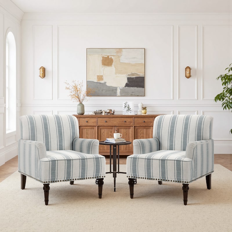 Set of 2 Stripe Linen Accent Arm Chairs with Nailhead Trim and Wood Legs - BLUE