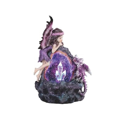 Q-Max 8"H Purple Fairy and Baby Dragon with LED Crystal Stone Statue Fantasy Night Light Decoration Figurine