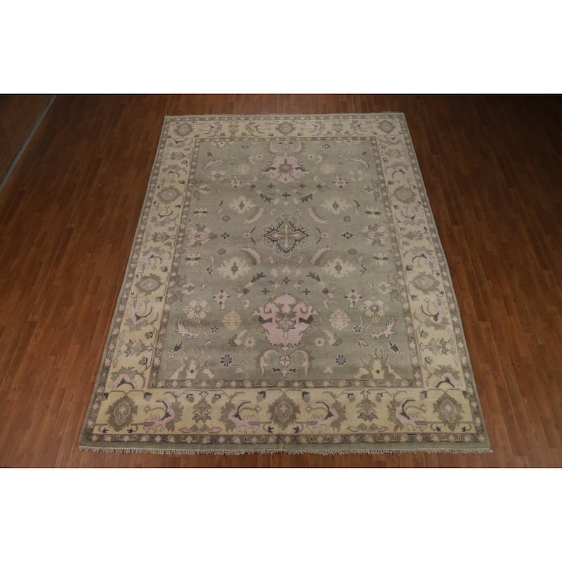 Transitional Oushak Indian Area Rug Handmade Green Wool Carpet - 9'0" x 12'0"