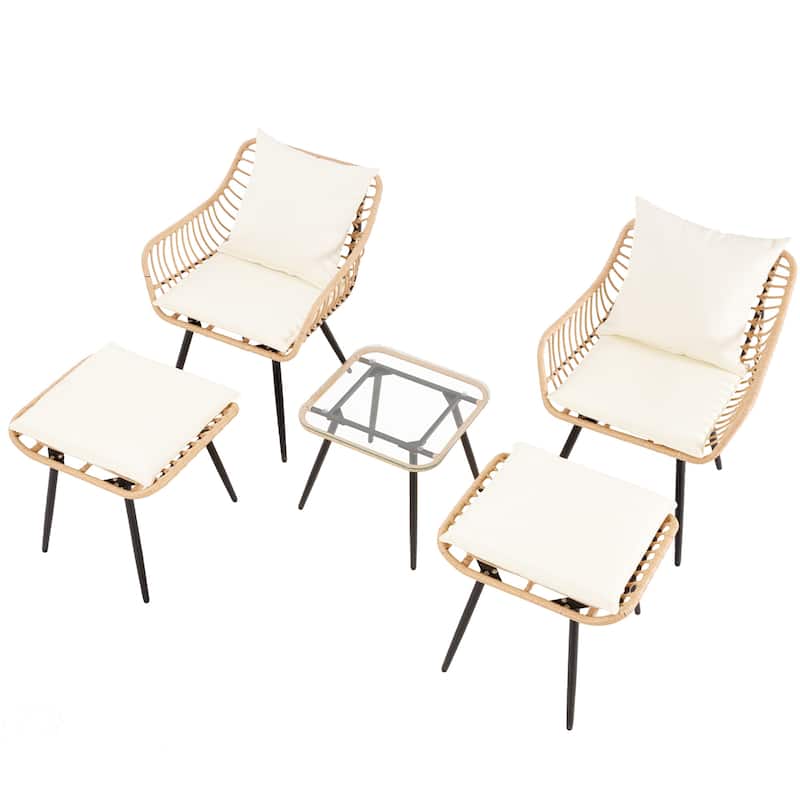 5-PC Wicker Outdoor Sofa Set, 2 Chairs, 2 Ottomans, 1 Table