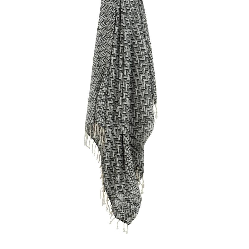 HomeRoots 50" X 60" Black And Ivory Chevron Cotton Throw Blanket with Fringe