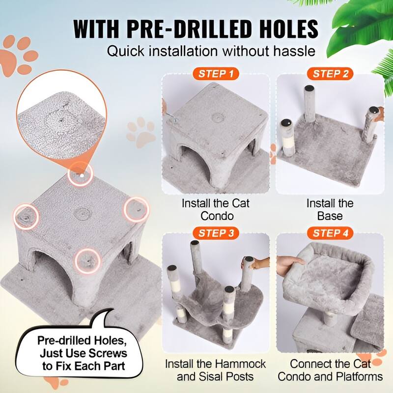 Light Grey Plush 7-Layer Cat Tree with Condos and Hammock Playhouse