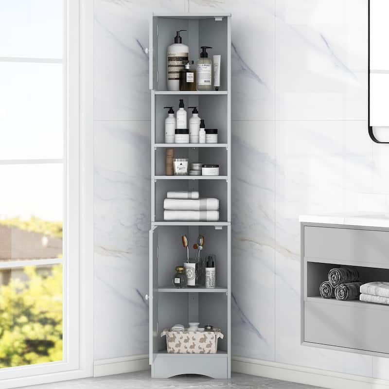 Multi-Functional Corner Cabinet Tall Bathroom Storage Cabinet With Two Doors And Adjustable Shelves