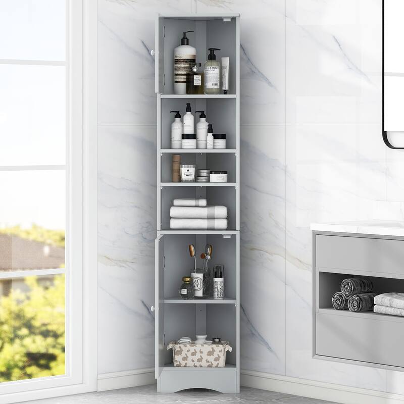 Multi-Functional Corner Cabinet Tall Bathroom Storage Cabinet with Two Doors and Adjustable Shelves, Open Shelf