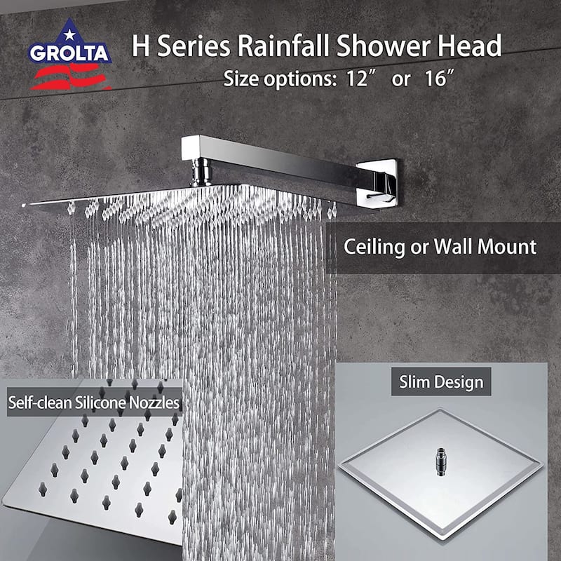 12" Ceiling Rainfall 3 Way Thermostatic Faucet Shower System w/6 Body Jets