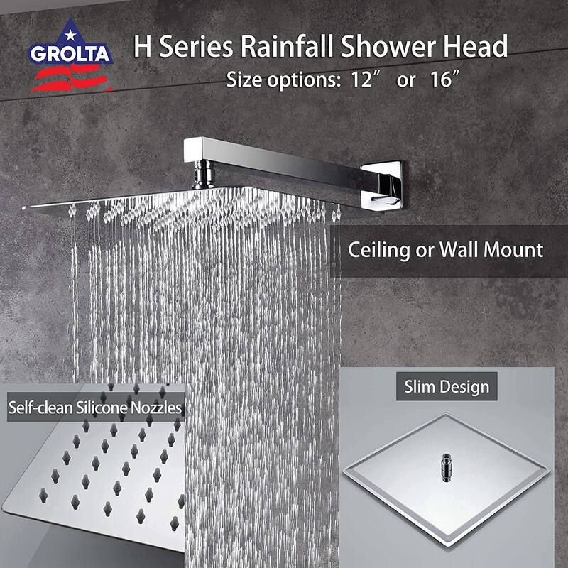 Dual Heads 16" Rainfall & High Pressure 6" Shower System w/ 3 Way Thermostatic Faucet - Chrome