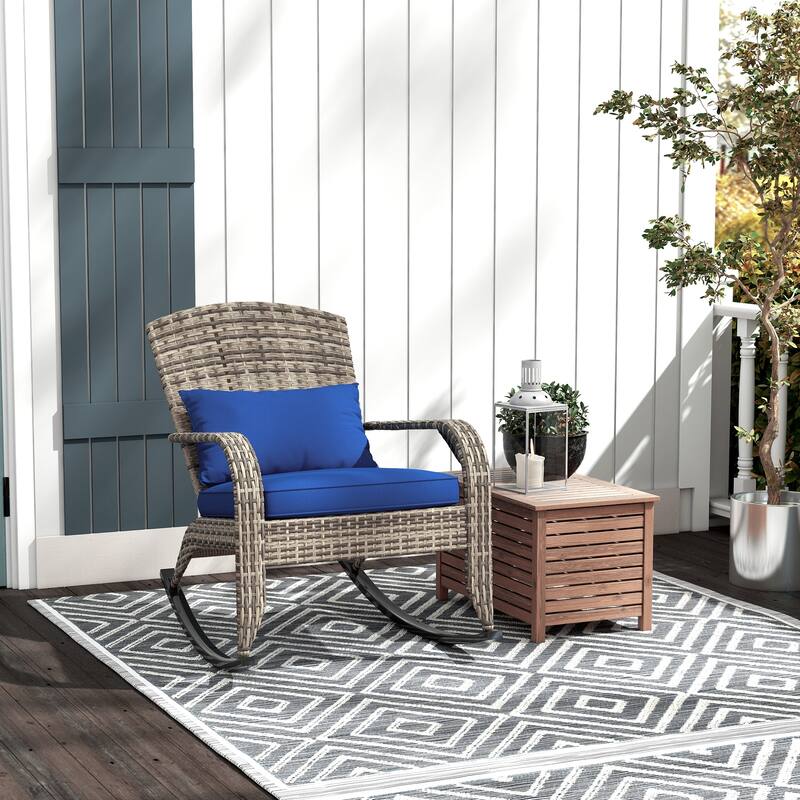 Outdoor Wicker Adirondack Rocking Chair with High Back, Seat Cushion