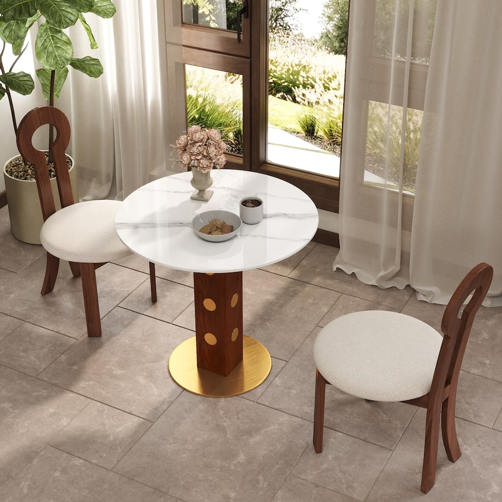 33" Retro Round Glass & Sintered Stone Tabletop Dining Table with Solid Wood Pedestal
