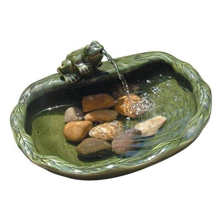 Green Glazed Ceramic Fountain Bird Bath with Frog and Solar Pump - 14.6W x 7.1D x 5H in.