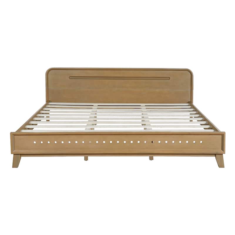 Rustic Yellow Solid Pine Wood King Size Bed - No Box Spring Needed, Durable & Stable Design