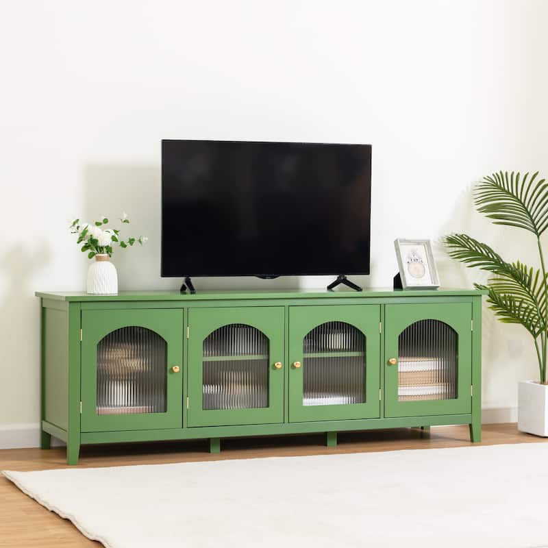 Stylish TV Stand with 4 Glass Doors, TV Console Table Entertainment Center w/ Storage Shelves, Modern TV Cabinet for Living Room