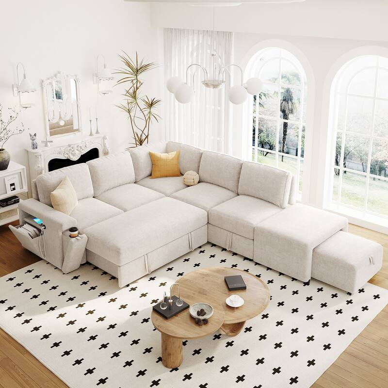 90.6'' Modern L-shaped Padded Modular Sofa with Storage Space, USB Ports, and Cup Holders on the Armrests