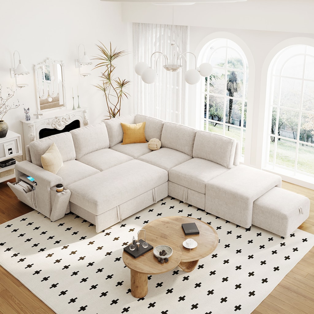 90.6'' Modern L-shaped Padded Modular Sofa with Storage Space, USB Ports, and Cup Holders on the Armrests