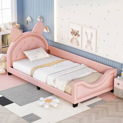 Twin Upholstered Daybed with Carton Ears Shaped Headboard, Low Platform Bed Frame with Rails for Kids Girls Boys Teens