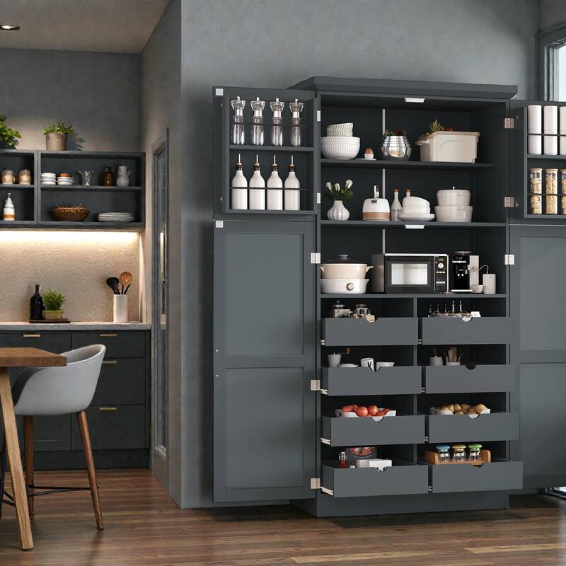 35.5 Inch Freestanding Kitchen Pantry Cabinet with 4 Doors, 8 Pull-Out Trays, Adjustable Shelves, Tall Dining Storage Organizer