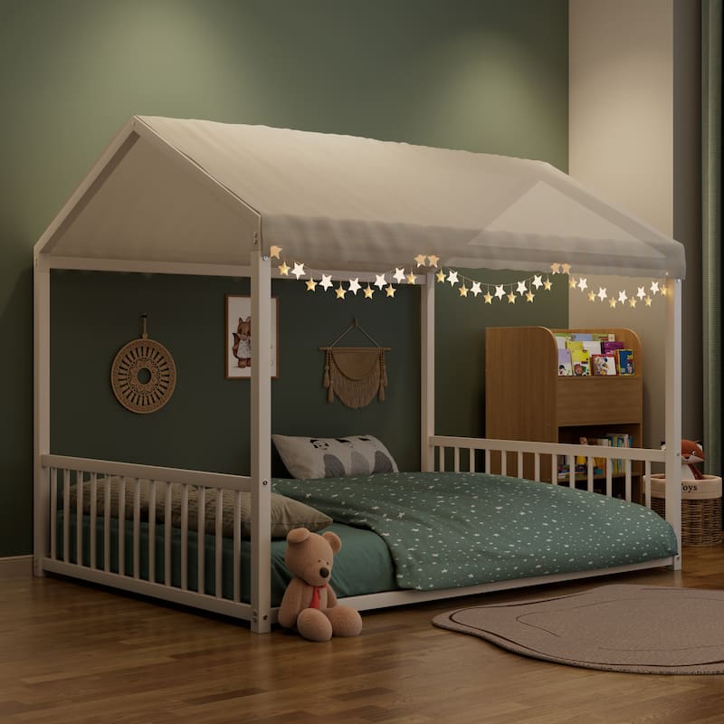 Montessori Style Metal Floor Bed Frame, House Shaped Bed for Kids and Toddlers, No Slats, House Bed