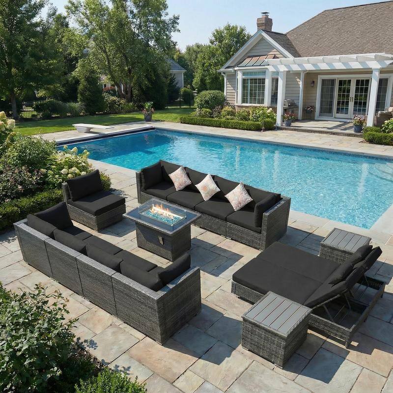 Outdoor Sectional Conversation Set PE Wicker with Double Chaise Lounge, 60,000 BTU Fire Pit Table - 12-Piece/Table - Black