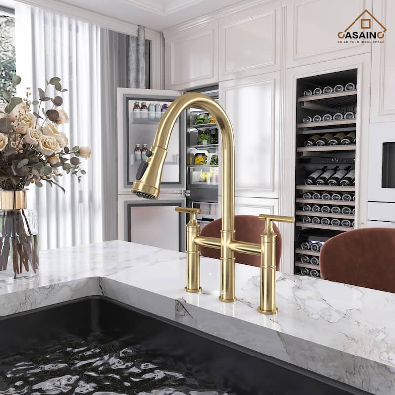 Double Handle Bridge Pull-Down Sprayhead Kitchen Faucet