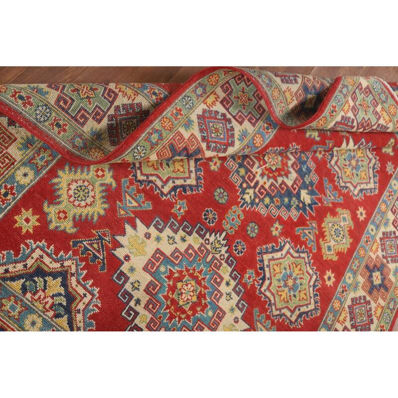 Geometric Red Kazak Area Rug Hand-Knotted Traditional Wool Carpet - 4'11" x 7'1"