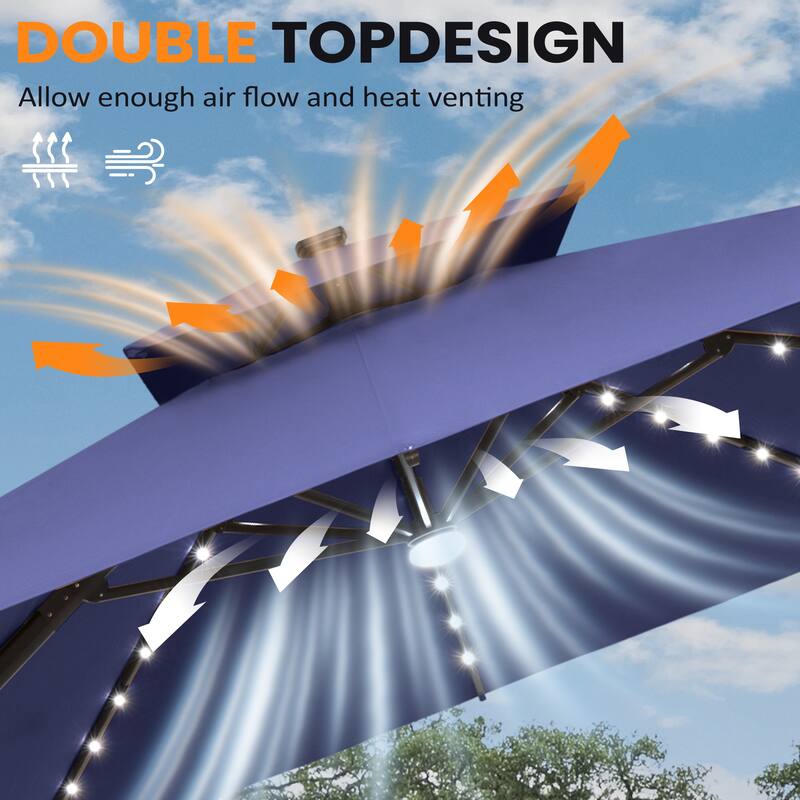 9x11 FT Daul Top Outdoor Patio Cantilever Umbrella Solar LED Lighted with Wheel Base