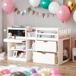 Twin Size Low Loft Bed With Rolling Desk,Shelf and Drawers for Home