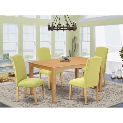 Victorian Dining Set - 5Pc Rectangle Table & 4 Chairs - Vintage Linen Fabric - Oak Legs - 60" Table