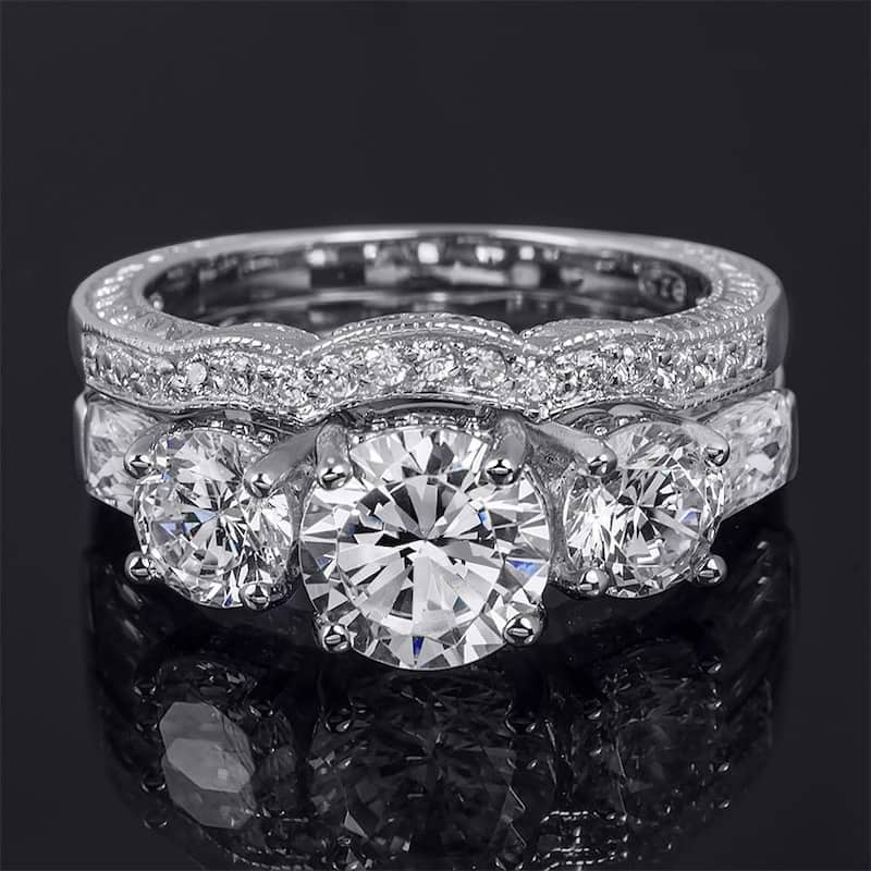 2.25 CT Brilliant Round Cut 3-Stone Wedding Band Ring Set Silver