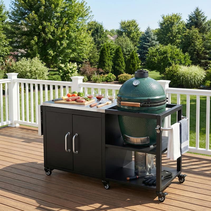 76.6" Outdoor Kitchen Island for Big Green Egg & Kamado Grills, Rolling BBQ Cart with Storage Cabinet & Drop Leaf