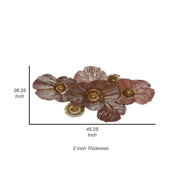 45 Inch Hanging Wall Art Decor, 3D Multiple Flowers, Metal, Brown, Gold