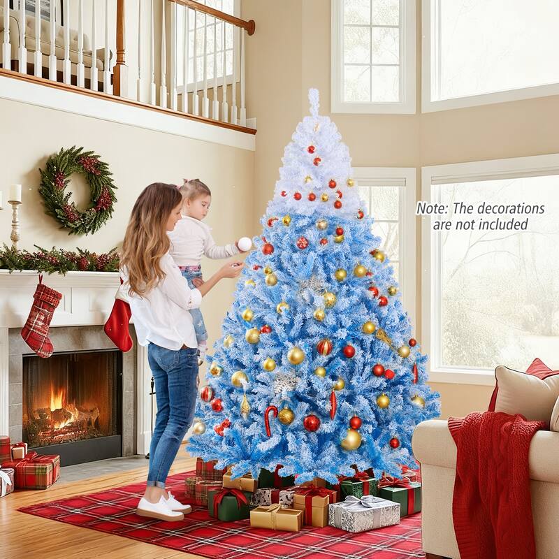 Gymax 5/6/7/8 FT Artificial Christmas Tree Hinged Snow Flocked Xmas - Blue, White