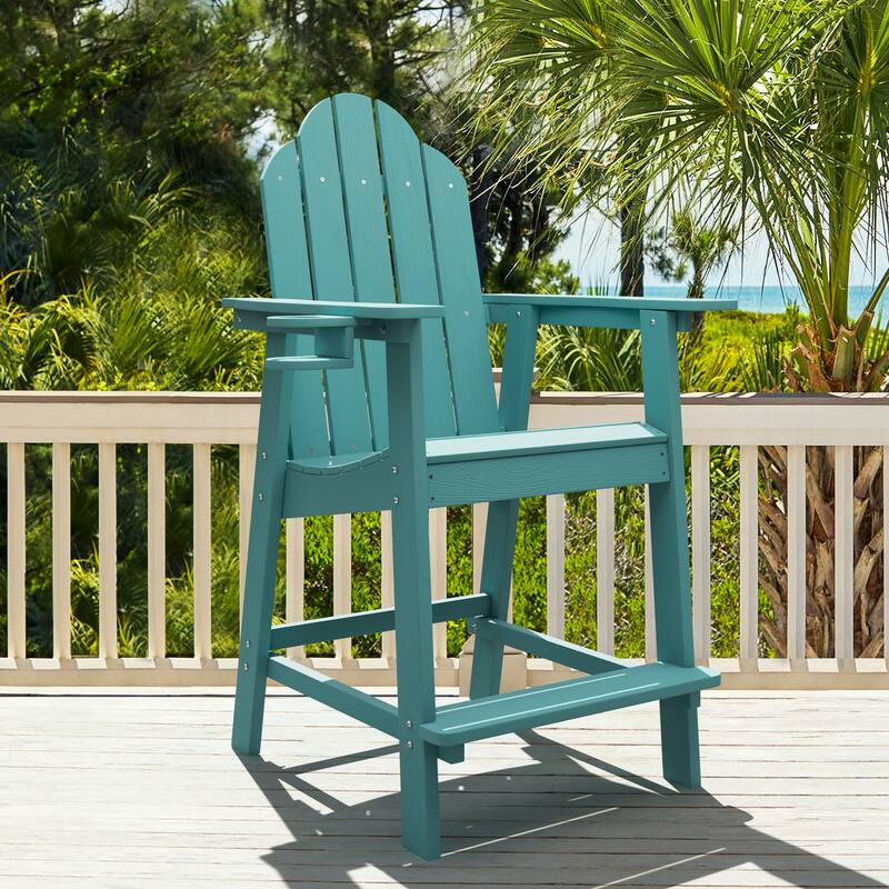 LUE BONA Outdoor Adirondack Chairs with Cup Holder Bar Height Adirondack Bar Stool with Arms for Balcony, Deck, or Patio