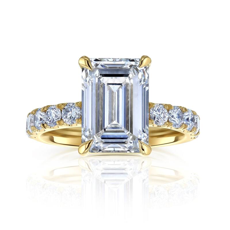Kobelli Sunset Line 6 Carat Lab Grown Diamond Certified 14k Solid Gold Emerald-cut Comfort Fit French Pavé Louvre Ring (EF/VS)
