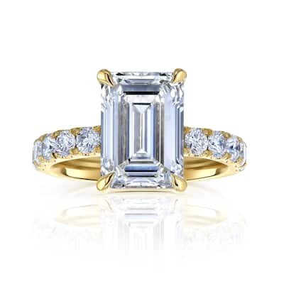 Kobelli Sunset Line 6 Carat Lab Grown Diamond Certified 14k Solid Gold Emerald-cut Comfort Fit French Pavé Louvre Ring (EF/VS)