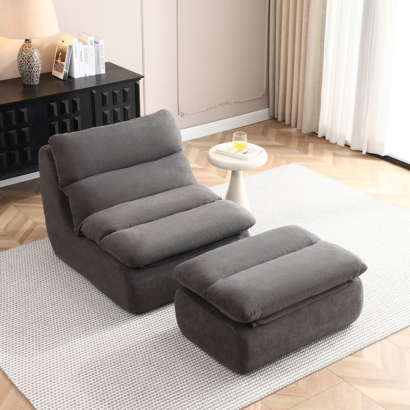 32"Bean Bag Chair with Ottoman, Big Chaise Lounge Chairs for Adults,Tufted Upholstered Lazy Sofa - Grey
