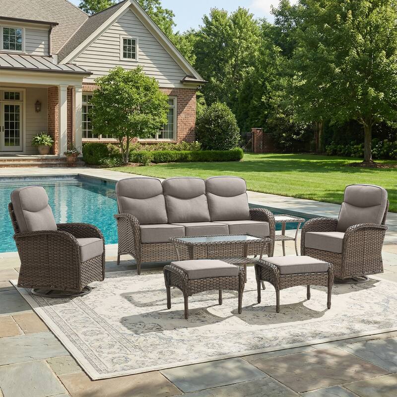 Pocassy Outdoor Wicker Patio Sofa with Swivel Chair Ottoman Sets - Brown Wicker Gray Cushion - 7-Piece Sofa Swivel Chair Ottoman with Table