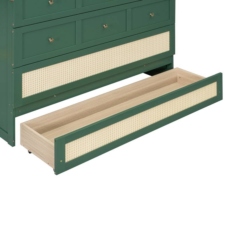 Convertible Foldable Murphy Bed Full Size Wall Cabinet Bed with Storage Drawers, Golden Handles and Rattan Weaving Accents