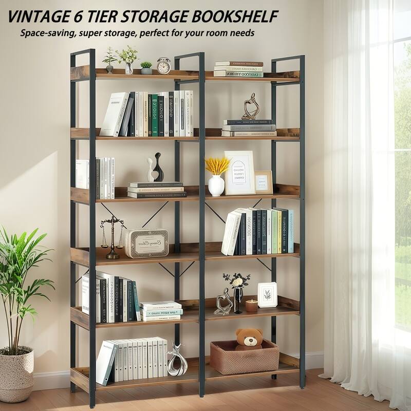 6-Tier Industrial Bookshelf, 67" Wooden Bookshelf with Open Shelves, Freestanding Metal Frame Bookcase, Modern Book Shelves