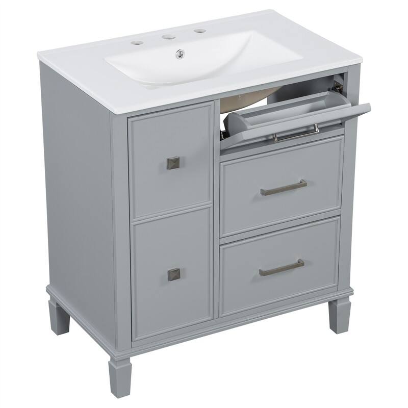 30'' Bathroom Vanity with Ceramic Sink, Freestanding Bathroom Vanity Cabinet with 3 Soft Close Drawers and 1 Flip-Out Drawer