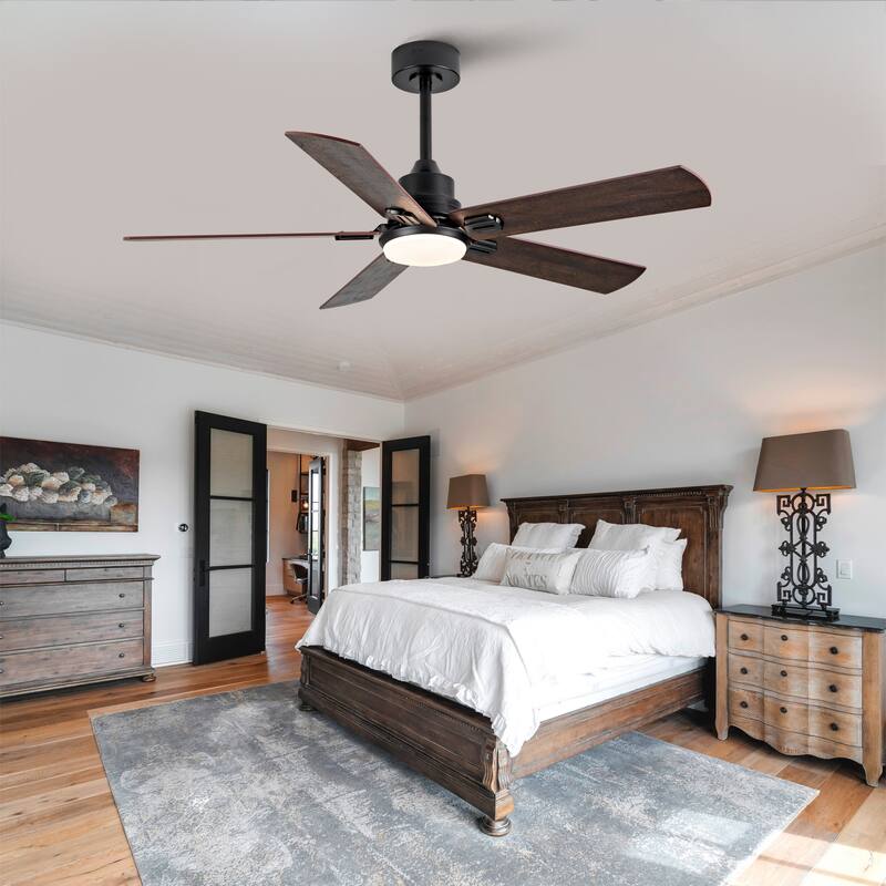 Smart 52" Indoor/Outdoor Ceiling Fan with Light, Dual Finish Black/Walnut 6-Blade, Remote & APP Control, Dimmable LED