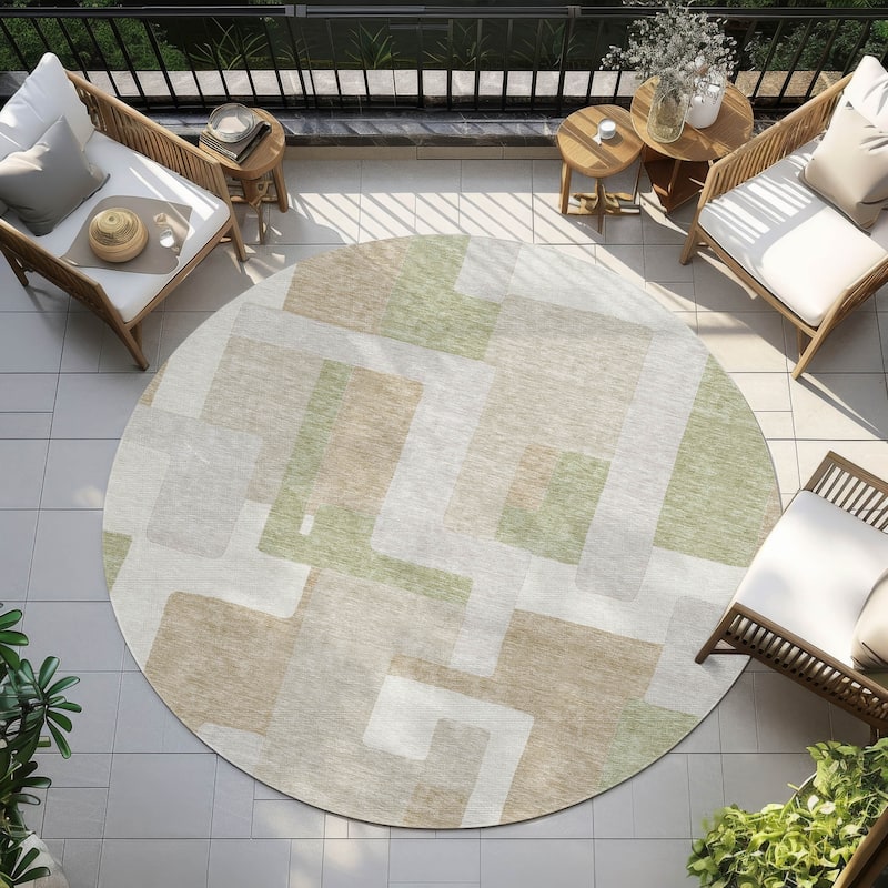 Machine Washable Indoor/ Outdoor Contempoary Blocks Chantille Rug - Beige - 8' x 8'