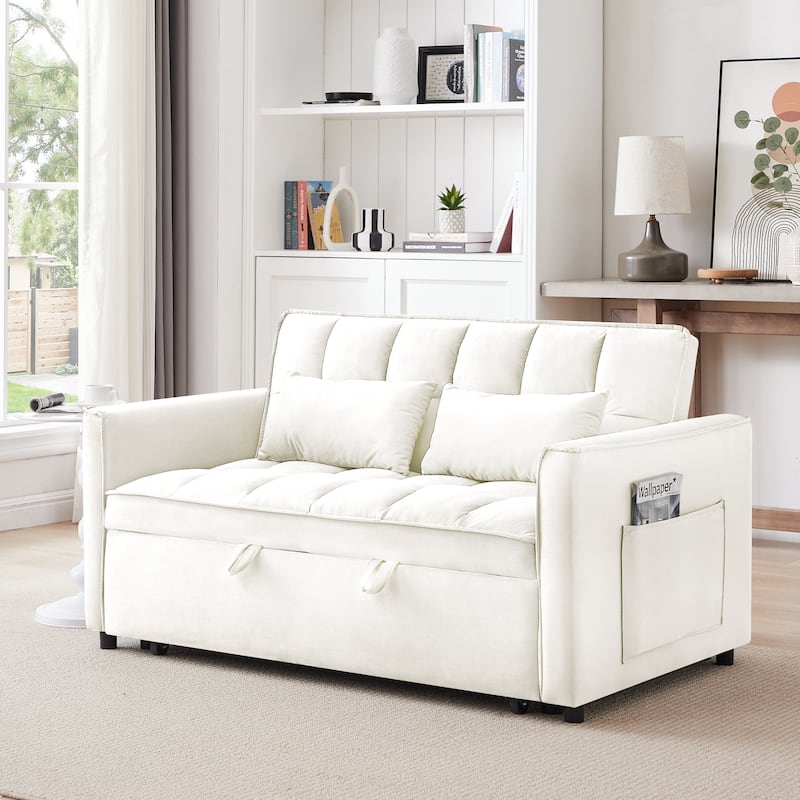 Beige+White Modern 55.1" 3 in 1 Convertible Loveseat Sofa Bed with Adjustable Back and Storage Bag for Living Room