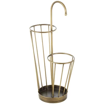 Metal Geometric 2 Section Umbrella Stand with Umbrella Shaped Handle - Gold or Black - Roche River Decor