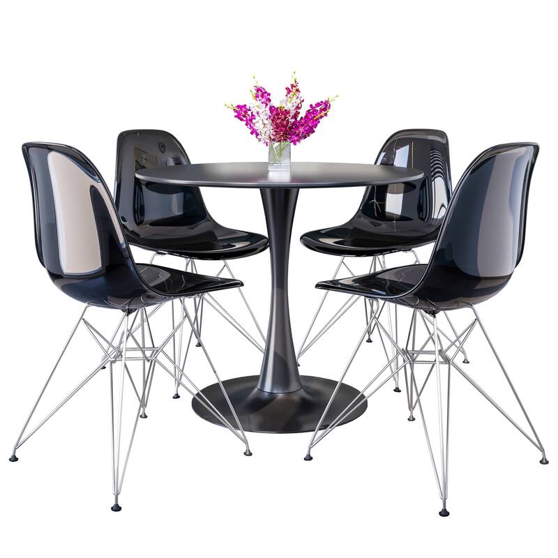 5-Piece Dining Set with 35" Round MDF Table and 4 ABS Plastic Side Chair in Chrome - Transparent Black