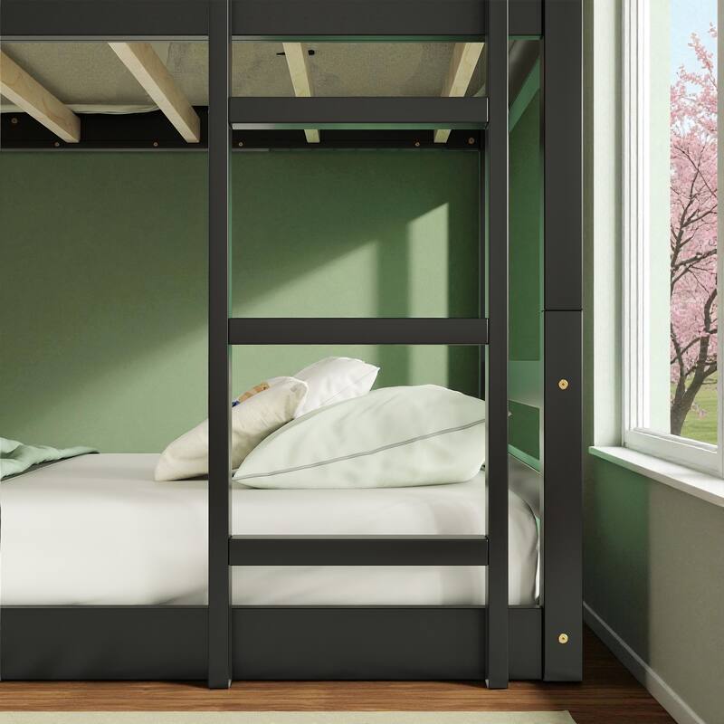 Twin Over Twin Over Twin Rubber Wood Triple Bunk Bed with Guardrails and Two Built-in Ladders, Detachable 3-Tier Bed Frame