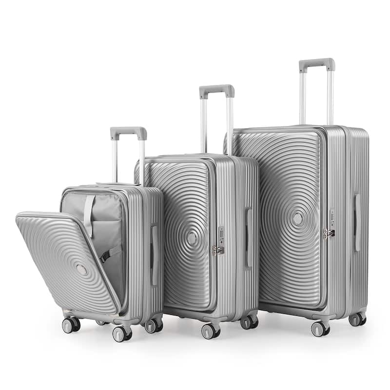 3 Piece PC Expandable Lightweight Carry On Luggage Sets with Front Pocket and Spinner Wheels & TSA Lock, for Men and Women - Silver