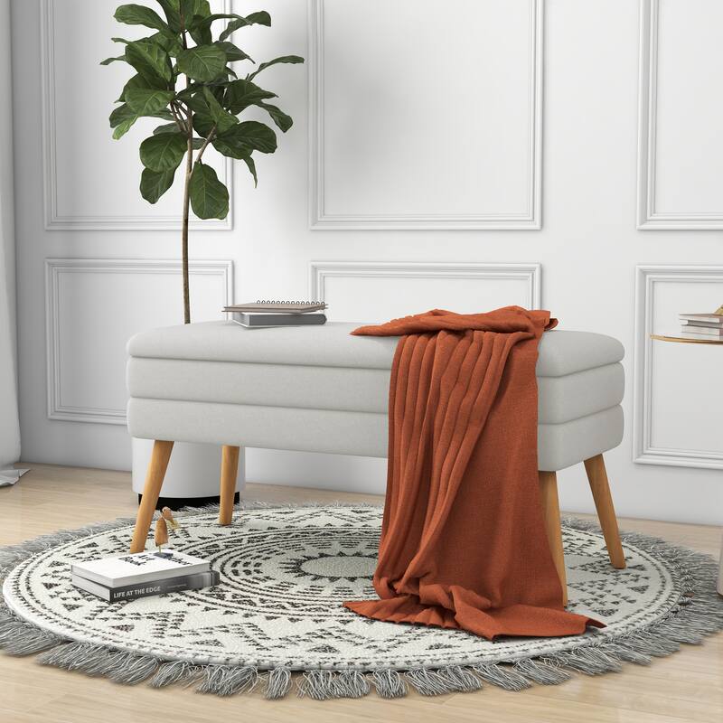 Upholstered Storage Ottoman Bench with Wood Legs